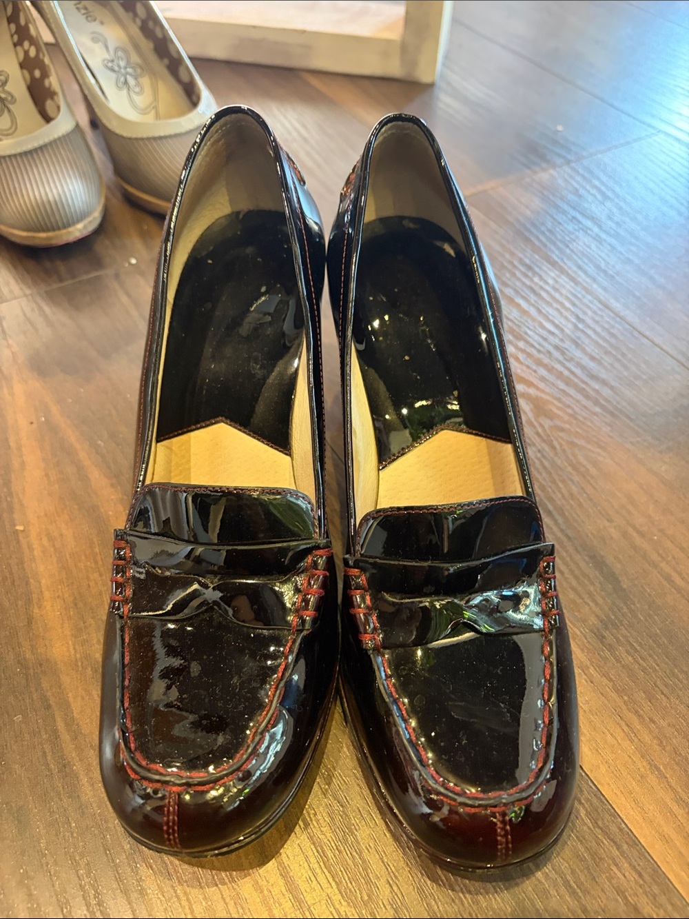 Michael Kors Burgundy Patent Loafers with Contrast Stitching with heels